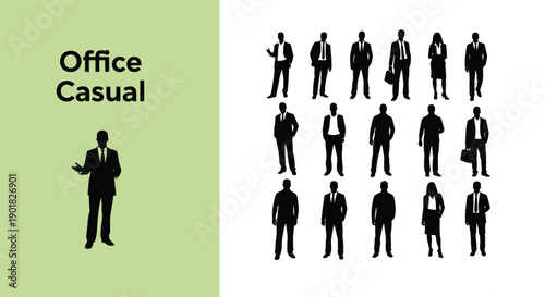 Collection of black and white business professional male and female silhouettes illustrating various office casual dress codes for corporate presentations or infographic designs