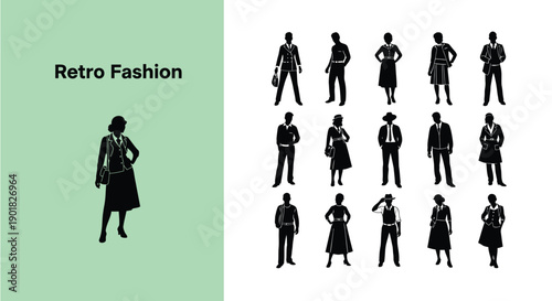 Collection of black and white silhouette icons illustrating various men and women dressed in distinct retro fashion styles