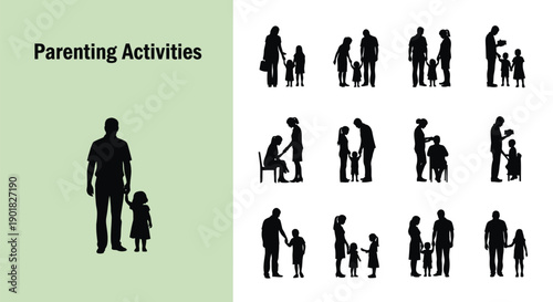 Collection of black silhouettes illustrating various essential parenting activities and family interactions involving mothers fathers and small children in different relatable domestic scenes