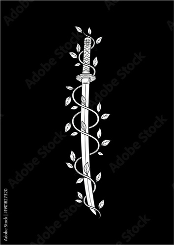 Minimalist Line Art Tattoo Design of a Japanese Katana Sword Wrapped in Floral Vines on White Background
