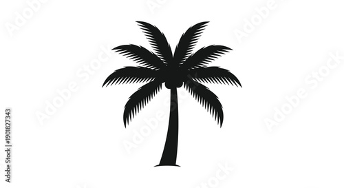 A stark silhouette of a full palm tree with spread fronds dominates against a plain white background