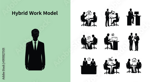 Silhouette collection illustrating the flexibility and dynamics of a modern hybrid work model featuring in office and remote collaboration scenarios for business strategy