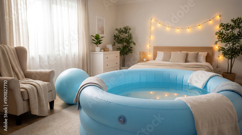 Fully prepared light blue birth pool in cozy bright bedroom offers serene environment. Room lit with warm amber lights, comfortable chair nearby, light blue exercise ball complement birth pool setup.