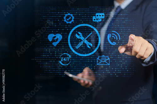 technical support, client help call center. customer relationship and service warranty quality concept. Hotline assistance service available by phone, chat, and email. Service with heart. 