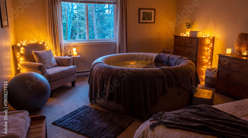 Evening living room prepared for home birth, featuring inflatable pool, warm string lights. Calm home birth setting includes armchair, exercise ball, creating serene atmosphere.