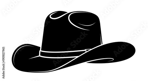 Featuring a timeless Western aesthetic, this black vector cowboy hat showcases a classic cattleman crease and a curved wide brim, emphasized by clean white outlining for a sharp, high-contrast look