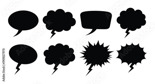 Collection of various black speech bubbles and thought balloons