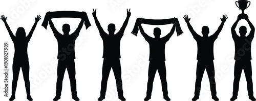 Diverse group of silhouettes celebrating victory holding trophy and scarves with raised arms in triumph