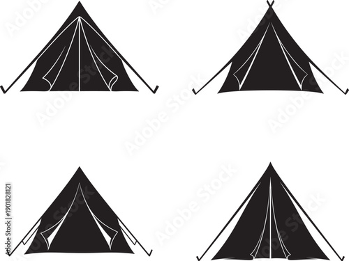 Four black tents in different orientations