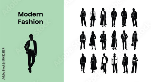 A collection of modern fashion silhouettes representing diverse male and female figures showcasing contemporary clothing styles for graphic design projects and style guides