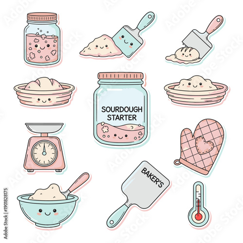 A whimsical collection of adorable kawaii illustrations charmingly depicting the sourdough bread making process, featuring cute starters, dough, and essential baking tools.