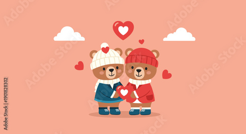 Two Cartoon Bears Holding Heart Together.