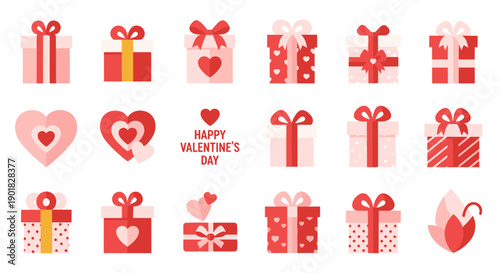 Valentines Day Gift Boxes and Hearts Icons.