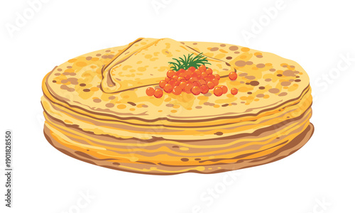A stack of thin pancakes and red caviar. The most famous Russian dish of Maslenitsa. Vector illustration. Crepes and a mound of salted salmon caviar.