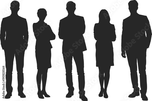 Five business professionals in silhouette with arms crossed, conveying a sense of authority and unity against a white background