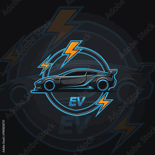 Sleek black electric supercar emblem featuring orange lightning accents and circular energy rings, perfect for high-tech automotive branding.