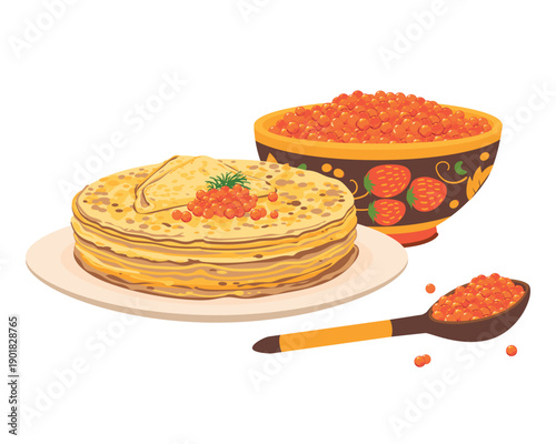A stack of thin pancakes on a plate. A traditional Maslenitsa dish. Red caviar in a wooden bowl and a Khokhloma style spoon. The most popular pancake filling in Russia. Vector illustration.