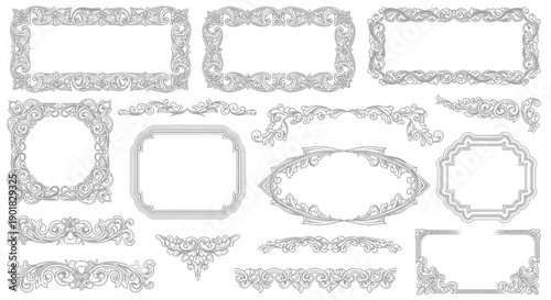 Collection of ornate vintage decorative frames and borders in a detailed, intricate, and elegant style, presented in monochrome.