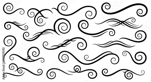 A collection of decorative black swirls and flourishes on a white background, perfect for graphic design elements.