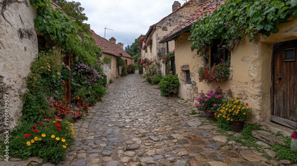 Fototapeta premium Narrow Cobblestone Alley Framed By Colorful Blooming Vines In A Quaint European Village