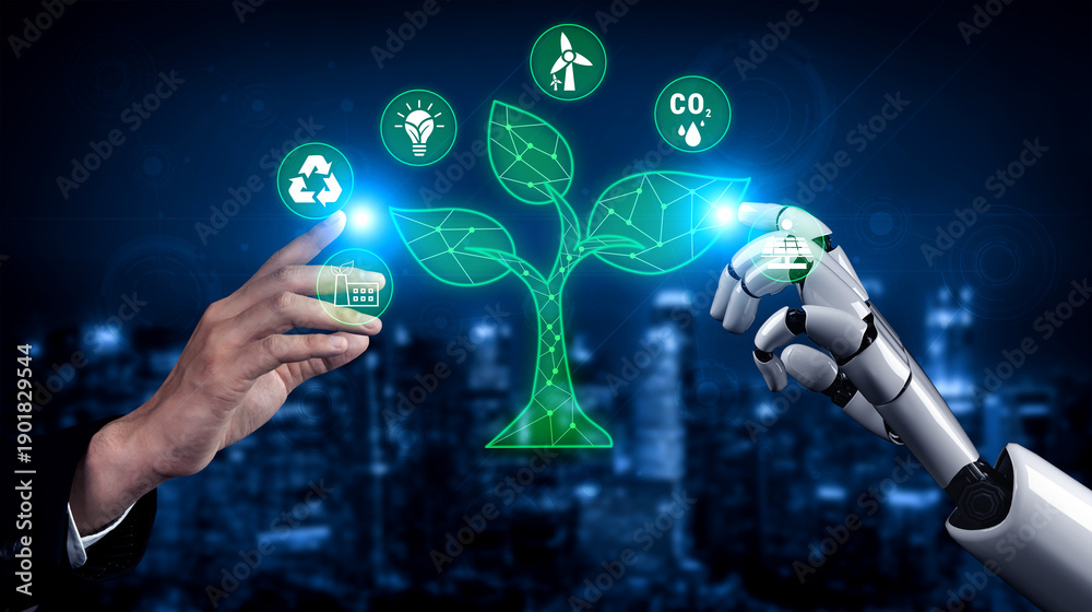 Obraz premium Human Hand and Robot Hand Interacting with Eco-Friendly Symbols Representing Sustainability and Renewable Energy in a Futuristic Cityscape Quark.