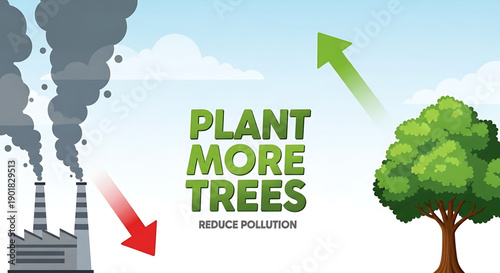 Environmental conservation concept with factory pollution and tree planting
