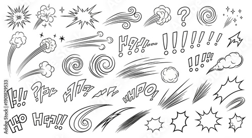 A collection of hand-drawn comic book sound effects and motion lines, including explosions, speed lines, and exclamations.