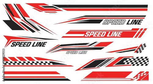 Collection of abstract racing stripe decals with red, black, and white accents, featuring checkered flag patterns and speed line graphics.