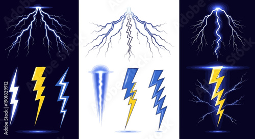 Collection of stylized lightning bolt illustrations in various colors and forms against a dark background.