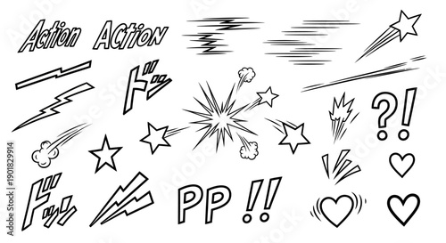 A collection of black and white comic book sound effect and action line illustrations, including speed lines, explosions, lightning bolts, and hearts.