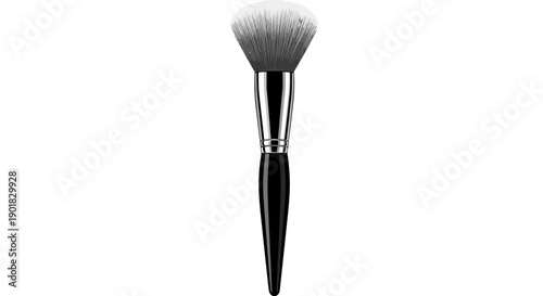 A professional makeup brush with a black handle and a fluffy white brush head, isolated on a white background.