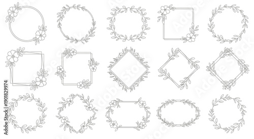 A collection of delicate floral and leaf borders and frames in various shapes including circles, squares, and ovals, perfect for invitations and design projects.
