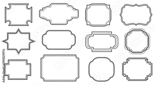 A collection of twelve decorative ornamental frames and borders in various shapes and styles, presented in a grid layout.
