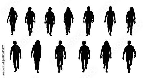 A collection of black silhouettes of people walking in a forward direction, presented in two rows.