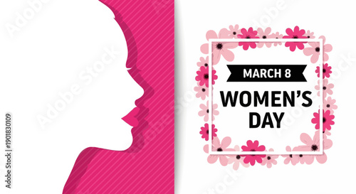 International Women's Day celebration with floral border and profile silhouettes.