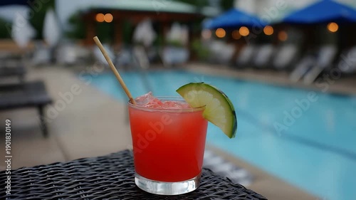 Refreshing Red Cocktail with Lime Garnish Sits Poolside at a Luxurious Resort on a Summer Day.
