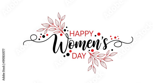 Elegant script text 'Happy Women's Day' adorned with delicate red leaves and black dots, celebrating the occasion.