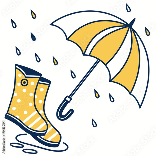 Valokuva A pair of yellow rain boots and an umbrella in a rainy scene Vector