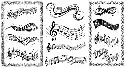 A collection of black and white musical notes and staves arranged in decorative, flowing patterns, some with ornate borders, illustrating various musical compositions and elements.