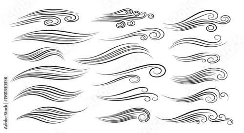 Collection of stylized wind and air current lines, depicting motion and speed with swirling elements and dynamic flow.