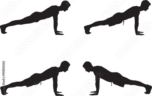 Silhouette of a person performing push ups in four stages