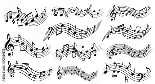Collection of black musical notes and symbols on staves, forming various wavy patterns, representing music and melody.
