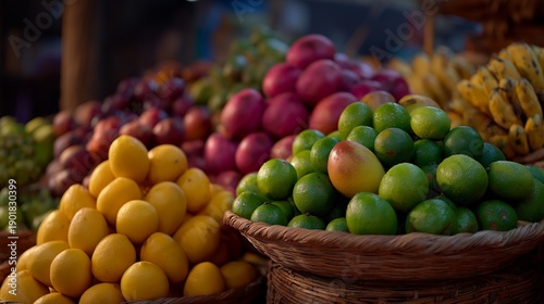 A bustling marketplace filled with vibrant fruits and vegetables that spark a sense of hunger, showcasing the variety of fresh produce available. cinematic color correction, natural uneven lighting