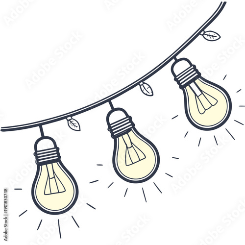 Valokuva Three light bulbs hanging from a wire with one lit up Vector