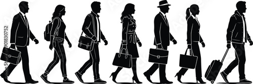 Silhouette of a diverse group of people walking with luggage and briefcases, suggesting travel or business