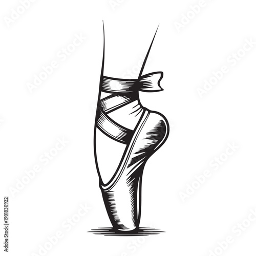 Black and white of a ballet shoe with ribbons tied in a bow ballet slipper pointe shoe