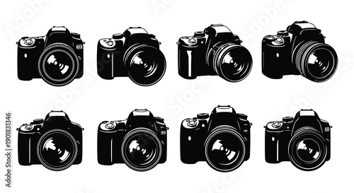 A collection of black dslr and mirrorless cameras arranged in a grid