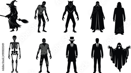 Halloween Monster Silhouette Vector Set Featuring Witch Werewolf Vampire Skeleton Ghost and Businessmen Characters for Spooky Holiday Party Invitations Horror Decorations and Graphic Design Assets