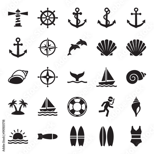 Set of black and white nautical and beach including anchors, shells, and surfboards