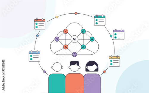 A vector graphic illustration of a cloud-based AI network connecting people and calendars
